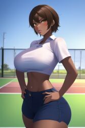 1girls ai_generated annoyed bangs big_ass big_lips blue_sky blush breasts brown_hair chain-link_fence cloud collared_shirt crop_top curvy dark-skinned_female day denim denim_shorts depth_of_field female fence hair_between_eyes hands_on_hips hazel_eyes high-waist_shorts huge_breasts large_breasts looking_at_viewer navel novelai original outdoors parted_lips shirt short_hair short_shorts short_sleeves shorts sky solo stable_diffusion standing tan tan_skin tennis_court thick_thighs tomboy voluptuous white_shirt wide_hips