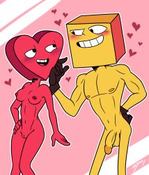 1boy1girl blush breasts cube_(yellow) fan_character gloves heart heart_shape humanoid looking_at_another looking_at_partner love naked nude_female nude_male onlyboney posing standing the_heist valentine's_day