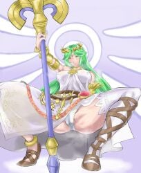 1girls alternate_costume alternate_version_available big_breasts blush breasts dress female female_only goddess green_eyes green_hair holding_object huge_breasts kid_icarus kid_icarus_uprising legs_apart mature mature_female mature_woman nintendo palutena panties pole solo solo_female staff sweat sweatdrop thighs uya_(yurukah) white_dress white_panties