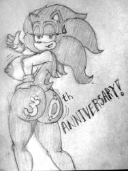 2021 anniversary ass backside big_ass big_breasts black_and_white breasts female genderswap genderswap_(mtf) looking_at_viewer monochrome nipples rule_63 sega sideboob sketch solo solo_female sonic_(series) sonic_the_hedgehog sonique_the_hedgehog sweatdrop thumbs_up xequiel