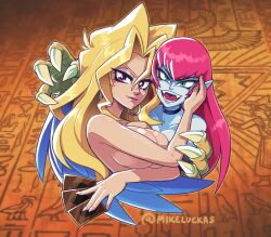 2girls blonde_hair breasts cards datskelebutt female female_focus female_only green_eyes hand_on_cheek harpie_lady long_hair mai_valentine mikeluckas monster_girl nude nude_female pink_hair purple_eyes stupiddead_skullhead top_heavy topless topless_female yu-gi-oh! yu-gi-oh!_duel_monsters