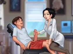 1boy 1girls 2d animated asian asian_female big_penis black_hair black_lipstick bottomwear boxers boxers_down chair cleavage clothed clothing coat darkcookie digital_drawing_(artwork) digital_media_(artwork) duo erection female gif hairband hand_on_penis handjob huge_cock jerking jerkingoff lab_coat laying_on_back leaning leaning_back legwear light-skinned_female light-skinned_male light_skin lipstick long_hair looking_pleasured main_character_(summertime_saga) male male/female ms._okita_(summertime_saga) on_back pale-skinned_female pale_skin penis pleasure_face room rubbing rubbing_penis see-through see-through_stockings shirt shorts shorts_down sitting stockings stroking stroking_cock stroking_penis student summertime_saga teacher teacher_and_student teasing topwear underwear