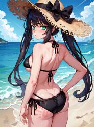 1girls alternate_breast_size angry ass beach bikini black_bikini black_hair blush breasts bubble_butt embarrassed female genshin_impact green_eyes hand_on_hip hand_print hand_print_on_ass hat high_resolution large_ass large_breasts large_hat light-skinned_female light_skin long_hair looking_at_viewer mona_(genshin_impact) outdoors side-tie_bikini slim_waist spank_marks sun_hat thighs twintails unstableboiler