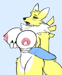 anthro bandai_namco big_breasts black_sclera blue_eyes bodily_fluids breasts clothed clothing digimon digimon_(species) female hi_res lactating lactating_through_clothing renamon sirdoomwolf solo tight_clothing wet wet_clothing