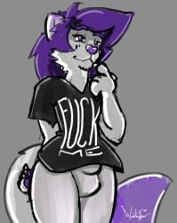 absurd_res animal_genitalia anthro balls black_clothing black_shirt black_topwear canid canine clothing fox fur genitals heart heart_nose hi_res male mammal purple_body purple_eyes purple_fur ren_winterfox_(artist) ren_winterfox_(character) sheath shirt simple_background solo t-shirt topwear white_body white_fur