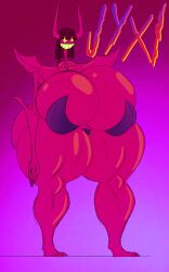 big_breasts big_horns big_thighs demon demon_girl demon_horns gigantic_breasts glowing_eyes hyper_breasts jyxi_(lazypummalbutt) lazypummalbutt massive_breasts massive_thighs pink_body sharp_horn smile succubus teeth thick_thighs