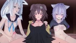 3d animal_ears animated audible_ejaculation big_breasts black_hair blowjob brown_hair catgirl collar dog_girl female fox_girl futa_on_female futanari hololive hololive_gamers inugami_korone legwear masturbation mitygon multiple_girls nekomata_okayu ookami_mio purple_eyes purple_hair shirakami_fubuki sound tagme video virtual_youtuber white_hair