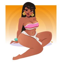 black_hair breasts brown_eyes chel chel_(the_road_to_el_dorado) cleavage dark-skinned_female dark_skin dreamworks earrings freckles freckles_on_nose hourglass_figure lat latina lipstick long_black_hair long_hair looking_at_viewer native_american nightlyneu sitting the_road_to_el_dorado thick_lips thick_thighs wristband