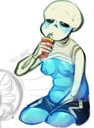 acidd_grrs animated_skeleton artist_name blue_body blue_breasts blue_nipples blush breasts chubby chubby_female cooling_off drinking drinking_straw ectobody ectobreasts electric_fan female female_only female_sans genderbend genderbent genderswap genderswap_(mtf) heat nipples rule63 rule_63 sans shirt_up simple_background sitting skeleton solo solo_female sweat undertale undertale_(series) white_background