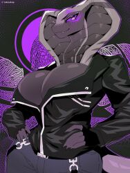 1girls anthro artist_name bimbo breasts clothed clothing fangs furry furry_female jacket large_breasts leather leather_jacket looking_at_viewer original purple_eyes purple_sclera reksukoy smile smiling snake snake_girl snake_hood snake_humanoid snake_tail tail