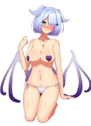 1girls bare_shoulders belly_button big_breasts blue_hair blush blushing braless breasts breasts_out covered_nipples dragon_girl dragon_wings elira_pendora elira_pendora_(2nd_costume) exposed_breasts exposed_shoulders exposed_torso hair_covering_eye hair_over_one_eye hair_wings head_wings heart_pasties heterochromia key key_necklace kneeling looking_at_viewer mizmillificent mole mole_on_chest mostly_nude navel necklace nijisanji nijisanji_en nipples_covered no_bra one_eye_covered one_eye_obstructed panties panties_only short_hair solo solo_female solo_focus string_panties topless transparent_background virtual_youtuber white_panties wings x_hair_ornament