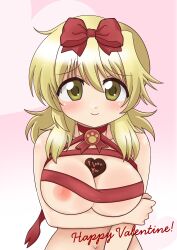 blonde_hair blush breast_hold breasts candy chocolate chocolate_heart cleavage dard_drak english_text female heart hidamari_sketch long_hair looking_at_viewer miyako_(hidamari_sketch) naked_ribbon nipples red_ribbon ribbon smile solo valentine