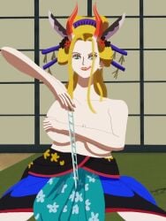 beast_pirates black_maria blonde_hair covering covering_breasts female female_only geisha horn horns kreepperman oiran one_piece spider_web topless topless_female wano_country