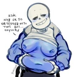 1girls 2d acidd_grrs animated_skeleton belly_grab blue_body blue_breasts blue_nipples blush breasts chubby chubby_female color dialogue ectobody ectobreasts english english_dialogue english_text female female_only female_sans genderbend genderbent genderswap grabbing_belly grabbing_own_belly nipples rule63 rule_63 sans shirt_up simple_background skeleton solo solo_female solo_focus stomach_squeeze text undertale undertale_(series) white_background