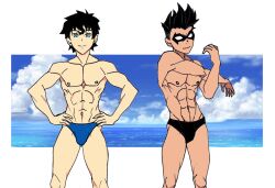 2boys abs battle_of_the_supersons beach black_hair blue_eyes cloudy_sky damian_wayne dc dc_comics duo duo_focus gay jon-el jonathan_kent latin_tamer male male_focus male_only muscular muscular_male ocean robin_(damian_wayne) robin_(dc) sidekicks speedo_only stretching_arms superboy superboy_(jonathan_kent) superhero supersons teenage_boy yyaoi