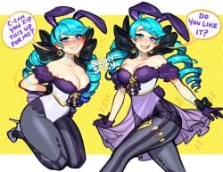 1girls 2023 artist_logo artist_name blue_eyes blue_hair blush blushypixy blushyspicy bunny_ears bunny_girl bunnysuit cleavage cyan_eyes cyan_hair dialogue different_poses dress ear_piercing earrings english english_text fake_animal_ears female female_only gloves gwen_(league_of_legends) hair_ornament hairbow heterochromia hi_res highres kneeling league_of_legends long_hair looking_at_viewer multiple_views open_mouth ornate_clothing pink_eyes purple_dress question riot_games smile solo sparkles speech speech_bubble stitched strapless strapless_leotard talking talking_to_viewer watermark