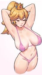 1girls armpits arms_behind_head arms_up big_breasts bikini bikini_bottom bikini_top blonde_hair breasts cleavage closed_eyes crown dracksart ear_piercing earrings female female_only hands_behind_head headwear large_breasts lips lipstick mario_(series) mature_female milf navel nintendo pink_bikini pink_lips pink_lipstick ponytail pose posing princess_peach sensual sexy_armpits simple_background solo standing sweat sweatdrop swimwear thighs tied_hair white_background