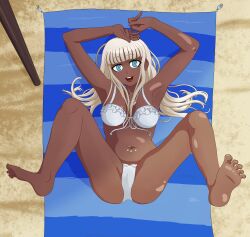 1girls alternate_version_available beach bikini brown_skin danganronpa danganronpa_v3 danganronpa_v3:_killing_harmony dark-skinned_female deathskeleton female_only happy sand spread_legs straight_hair tanline yonaga_angie