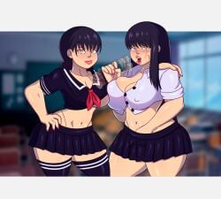 2girls asking_for_it big_breasts big_lips bimbo black_hair black_thighhighs black_thong breasts chainsaw_man cleavage fellatio_gesture female female_only hair hand_on_hip huge_breasts kenergi lips long_hair looking_at_viewer mitaka_asa motion_lines multiple_girls nail_polish nails open_mouth scar school_uniform schoolgirl thick_lips thighhighs thong yoru_(chainsaw_man)