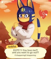 2021 absurd_res alternate_version_at_source animal_crossing ankha ankha_(animal_crossing) anthro asking asking_for_date asking_viewer band-aid bandage big_breasts blue_eyes blue_hair blush breasts clothed clothing coat curvy_figure detailed_background dialogue dialogue_box digital_media_(artwork) domestic_cat dress english_text erect_tail exclamation eyelashes felid feline felis female flustered fur gammainks hair hands_together header header_box heart hi_res huge_breasts i_love_you interrobang_exclamation looking_at_viewer love makeup mammal nintendo number numbered_heart outside plant question questioning_tone red_clothing red_dress red_scarf repeated_dialogue repeated_text repeating_question romantic romantic_ambiance scarf short_hair signature solo standing surprised_expression talking_to_viewer text text_box topwear tree white_clothing white_coat white_topwear wholesome wide_eyed yellow_body yellow_fur yes-no_question