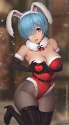 1girls 2020s 2022 absolute_territory absurd_res absurdres arm_gloves arm_under_breasts artist_name artist_signature bare_shoulders blue_eyes blue_hair boots breasts bunny_ears christmas christmas_clothing christmas_outfit clothed clothed_female clothes clothing eyebrows eyelashes eyeliner eyes female_only gloves hair hair_ornament hair_over_one_eye hands_over_breasts hartman_hips heart_hands hi_res high_resolution highleg highleg_leotard highres holidays hourglass_figure leggings_leotard legs legwear leotard light-skinned_female light_skin lips lipstick long_boots long_gloves looking_at_viewer meekohopanes nose patreon patreon_logo patreon_reward patreon_username pinup pinup_pose re:zero_kara_hajimeru_isekai_seikatsu red_leotard rem_(re:zero) short_blue_hair short_hair skimpy skimpy_clothes skimpy_costume skimpy_outfit smile smiling smiling_at_viewer solo_female thigh_boots thigh_high_boots white_body white_bunny_ears wide_hips zettai_ryouiki