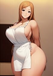 ai_generated apron apron_only arms_behind_back barely_clothed bbw big_breasts bleach female female_only functionally_nude huge_breasts inoue_orihime long_hair milf mommy nai_diffusion naked_apron novelai oatmealdood orange_hair plump smile stable_diffusion thick_thighs voluptuous wide_hips