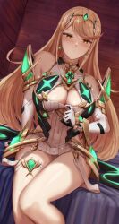 big_breasts blonde_hair blush boob_window core_crystal ippers mythra thighs white_dress white_panties xenoblade_(series) xenoblade_chronicles_2