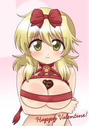 blonde_hair blush breast_hold breasts candy chocolate chocolate_heart cleavage dard_drak english_text female heart hidamari_sketch long_hair looking_at_viewer miyako_(hidamari_sketch) naked_ribbon red_ribbon ribbon smile solo valentine