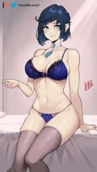 black_hair blue_panties bra damodar female genshin_impact green_eyes lingerie panties solo yelan_(genshin_impact)