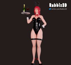 3d 3d_(artwork) bunny_ears bunnysuit chainsaw_man holding_object makima_(chainsaw_man) rabbiz3d red_hair stylized wine wine_glass