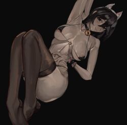 1girls 2022 absurd_res areola_slip arm_behind_head bent_legs bikini black_background black_eyes black_hair blush borrowed_character cat_ears catgirl female female_only kaiserart looking_at_viewer lucia_(scott_malin) neck_bell side-tie_bikini smiling smiling_at_viewer solo stockings thick_thighs wrist_cuffs