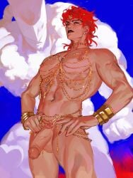 1boy abs alternate_color alternate_hair_color ashva black_lips bracelet commentary dio_brando earrings eyelashes gay hands_on_hips highres jewelry jojo's_bizarre_adventure jojo_no_kimyou_na_bouken large_penis long_hair looking_at_viewer makeup male_focus male_only male_pubic_hair muscular muscular_male navel necklace nipple_piercing nipples nude parted_lips pectorals penis piercing pubic_hair red_eyes red_hair red_nails scar scar_on_neck stand_(jjba) stand_(jojo) stardust_crusaders testicles the_world thighs vampire veins veiny_penis