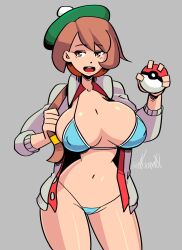 1girls alternate_breast_size big_breasts bikini blue_bikini breasts brown_eyes brown_hair busty child_bearing_hips cleavage creatures_(company) female female_only game_freak gloria_(pokemon) highres large_breasts legs looking_at_viewer navel nekiaya0 nintendo open_clothes open_mouth poke_ball pokemon pokemon_ss sensual short_hair smile solo swimsuit thick_thighs thighs thong_bikini voluptuous wide_hips