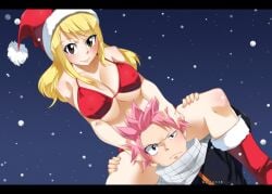 blonde_hair carrying christmas fairy_tail gaston18 lucy_heartfilia natsu_dragneel pink_hair