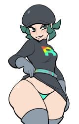 big_hat female female_focus female_only green_eyes green_hair green_panties lovetopullmicke nintendo panties pokemon short_hair skirt_lift team_rainbow_rocket team_rainbow_rocket_grunt team_rainbow_rocket_grunt_(female) team_rocket team_rocket_grunt thick_thighs thighs twintails uniform