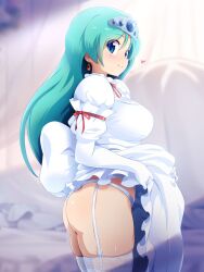1girls ass big_ass big_breasts breasts busty clothes_lift dress dress_lift female female_only from_side garter_straps green_hair heart highres konami konpeto large_breasts legs long_hair looking_at_viewer princess_melora sideboob smile solo teasing thick_thighs thighs twinbee voluptuous