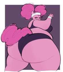 1girls 2022 anthro ass ass_focus bbw big_ass chubby crop_top dat_ass dumptruck_ass equine fat_ass female female_only friendship_is_magic huge_ass iaredumbo large_ass looking_at_viewer looking_back my_little_pony pink_hair pink_skin pinkie_pie_(mlp) shorts solo straight_hair thick_ass thick_thighs thunder_thighs wide_hips