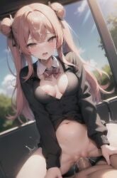 1boy 1girls ai_generated blush bow clothed_sex cowgirl_position cum cum_inside cum_on_hair double_bun jacket long_hair navel neuroabyss one_breast_out open_mouth original original_character penis pink_eyes pink_hair school_uniform schoolgirl sex sky stable_diffusion vaginal_penetration vaginal_sex