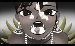 1girls 2d ahe_gao ahegao banana cum cum_in_mouth cum_on_face dark-skinned_female dark-yoka18 dark_skin earrings eyes_open female_focus josephine_baker kagami_hirotaka necklace open_mouth open_wide pearl_necklace simple_background sperm taimanin_(series) taimanin_asagi taimanin_style tasting_cum