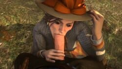 1boy 1girls 3d animated blowjob eye_contact female holding_hat kneeling looking_at_viewer mary_linton moaning on_grass oral partial_male pov red_dead_redemption_2 sfm skeletron27 sound source_filmmaker tagme video