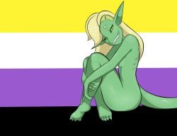 anthro ass big_ass big_ears blonde_hair bottom_heavy breasts calves claws completely_nude double_trouble feet finger_claws green_body green_skin hair hi_res holding_legs knees_on_chest knees_up large_ass leg_grab legs_together long_hair long_tail looking_at_viewer naked nonbinary_pride_colors nude pointy_ears pose posing scalie sharp_teeth she-ra_and_the_princesses_of_power side_view sitting slit_pupils small_breasts smile smiling smiling_at_viewer soles solo statixalex tail teeth thick_thighs thighs toe_claws toes undercut yellow_sclera