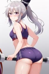 ai_generated ass ass_focus big_ass big_butt clothed grey_hair gym_clothes gym_shorts looking_at_viewer looking_back mononobe_no_futo ponytail purple_eyes questionable small_breasts smile sweat touhou