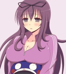 1girls bangs cleavage female huge_breasts ichiryuu_tsumiki light-skinned_female light_skin murasaki_(senran_kagura) open_mouth purple_eyes purple_hair senran_kagura simple_background solo sportswear very_long_hair zipper_down