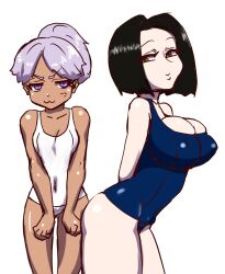 2girls :3 anger_vein annoyed arms_behind_back big_breasts black_hair blue_swimsuit bob_cut breast_envy canon_genderswap cleavage colored_sketch deusa female female_only flat_chest genderswap_(mtf) himuro_ryo kaneda_suekichi kengan_(series) kengan_ashura lavender_hair looking_at_another looking_back nipple_bulge one-piece_swimsuit pale-skinned_female pale_skin ponytail purple_eyes rule_63 school_swimsuit short_hair sketch smile smug swimsuit tan_skin white_swimsuit