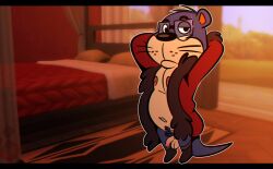 2023 animal_crossing anthro balls black_nose blue_body clothing detailed_background eyewear genitals glasses hi_res inside lyle_(animal_crossing) male mammal mustelid nintendo otter penis robe solo the-alfie-incorporated