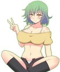 1girls collar crop_top crossed_legs female green_hair hikage_(senran_kagura) hotpants huge_breasts ichiryuu_tsumiki light-skinned_female light_skin midriff neutral_expression open_pants panties peace_sign senran_kagura simple_background sitting socks solo white_background yellow_eyes