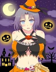 1girls blue_eyes blush female halloween halloween_costume ichiryuu_tsumiki large_breasts light-skinned_female light_skin looking_at_viewer mansion midriff moon night open_mouth pumpkin purple_hair senran_kagura solo stars witch_hat yumi_(senran_kagura)