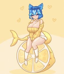 1girls animal_ears animated bao_(vtuber) blue_hair bounce bouncing_breasts breasts cleavage closed_eyes closed_mouth clothed clothing full_body fully_clothed indie_virtual_youtuber large_breasts lemon limebreaker sitting solo tail virtual_youtuber