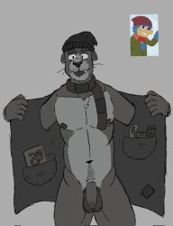 anthro balls cartoon_network clothing condom flaccid genitals hat headgear headwear hi_res male male_only mammal mustelid otter pecs penis scarf sexual_barrier_device solo squatter_otter_(we_baby_bears) we_baby_bears we_bare_bears