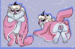 anthro anus aroused blonde_hair blue_eyes bodily_fluids breasts chimeracocks dripping dyed-hair featureless_breasts female flying_squirrel fur fur_collar genital_fluids genitals hair hi_res japanese_dwarf_flying_squirrel long_hair mammal nude paws pink_body pink_fur pinup pose presenting presenting_pussy pussy pussy_juice pussy_juice_drip raised_tail rodent sciurid solo spread_pussy spreading tail